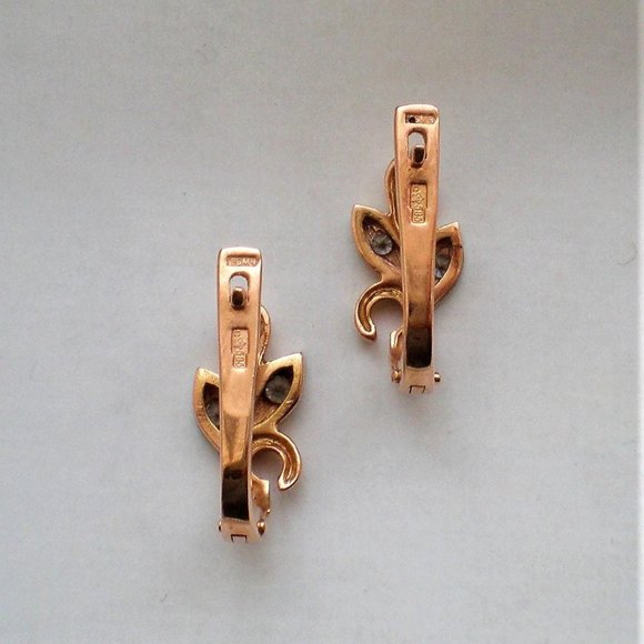 Vintage Russian USSR 14K 585 Rose Pink White Gold CZ Cluster Leaf EARRINGS - Picture 4 of 7